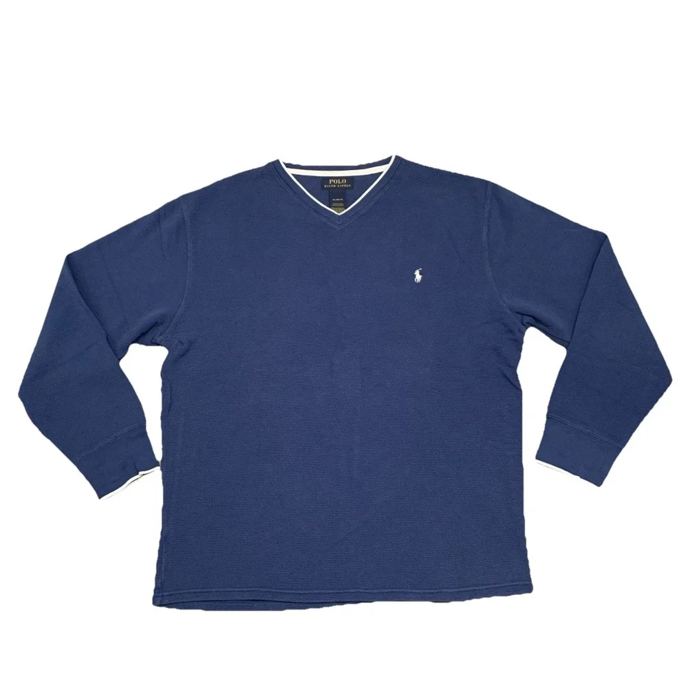Polo Ralph Lauren Long Sleeve Waffle Knit Shirt Men's XL Blue 100% Cotton V-Neck